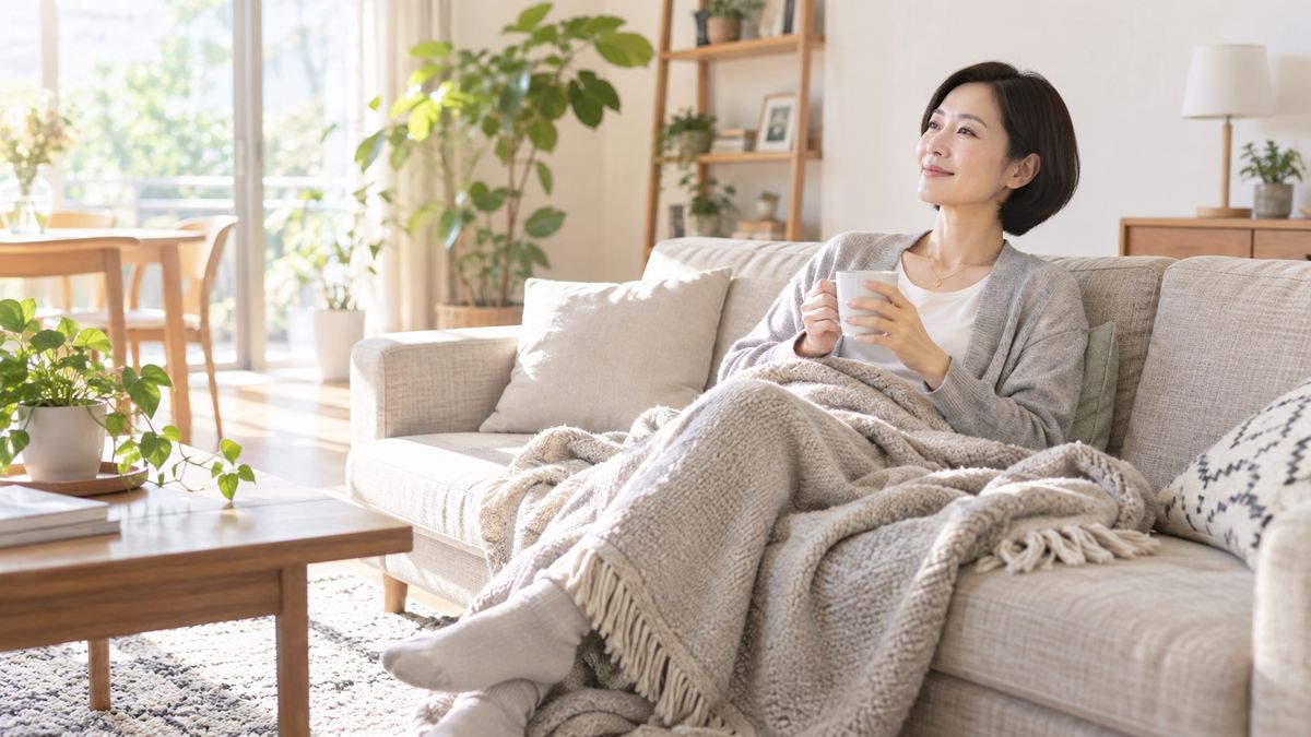 ソファでブランケットを掛けてくつろぐ女性