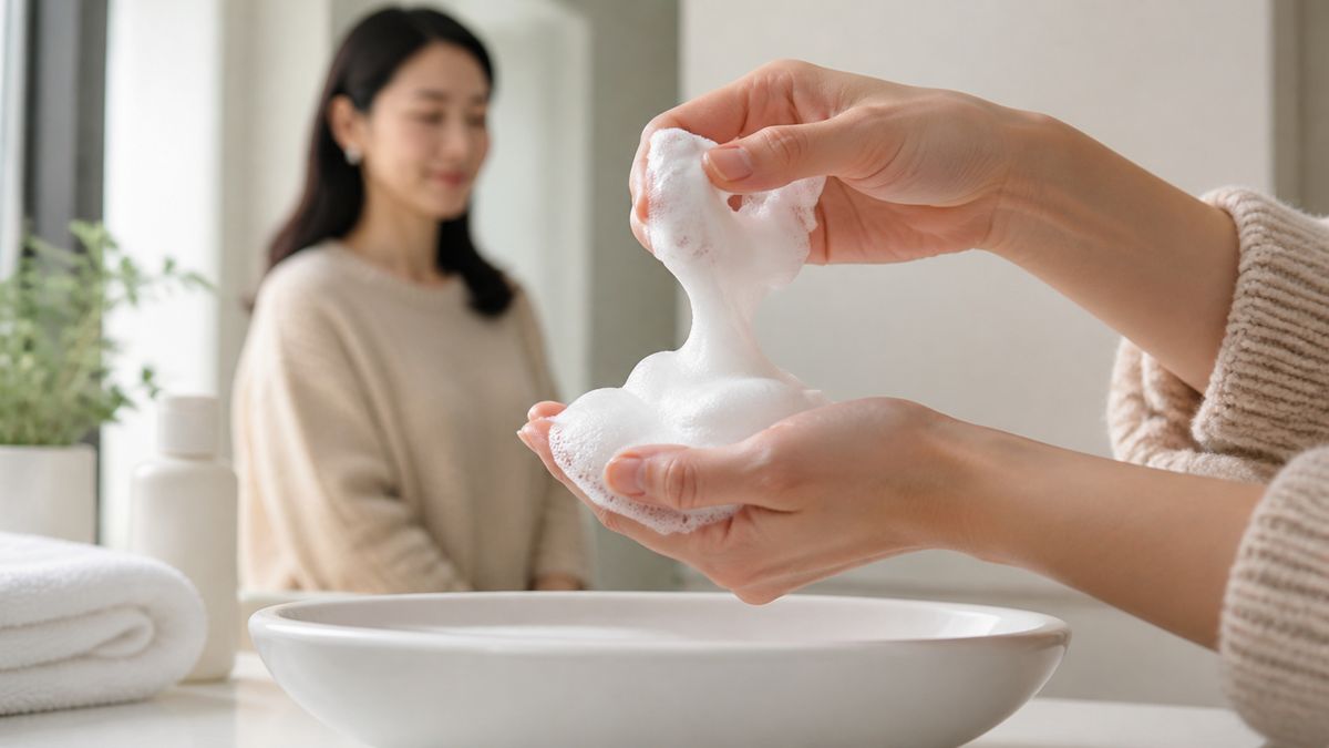 切開リフト後にきめ細かい泡でやさしく洗顔する手元