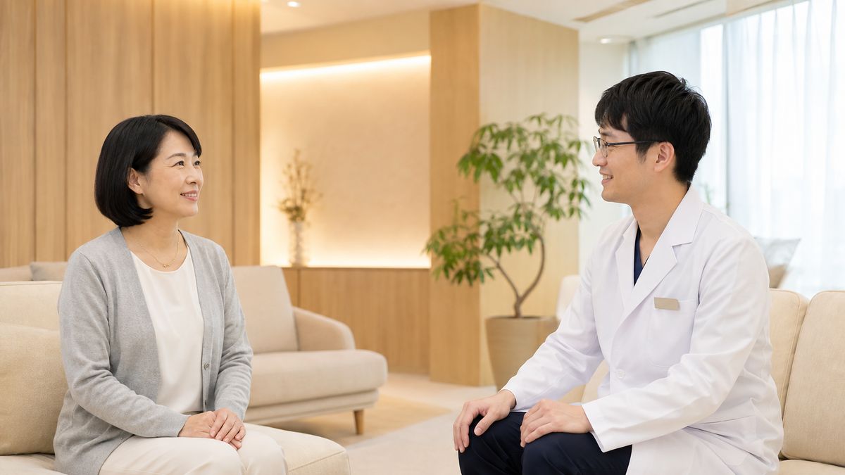 ソファ席で向かい合って話す女性と男性医師