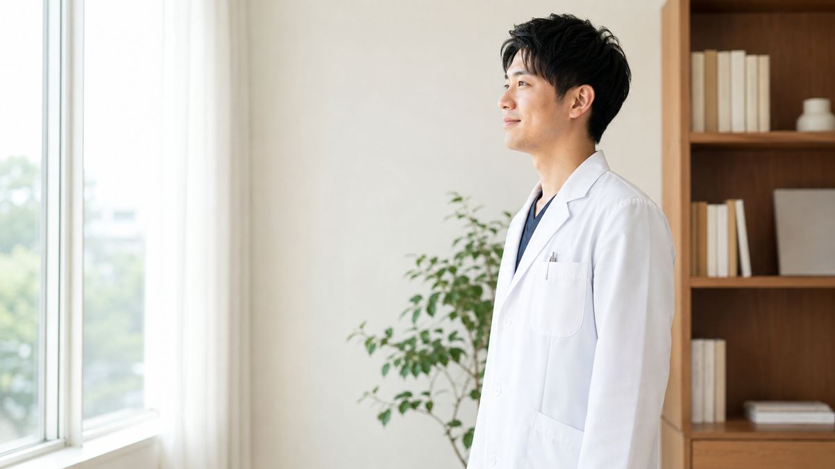 診察室の窓辺に立つ白衣の男性医師