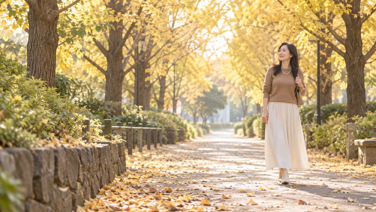 秋の並木道を歩く女性