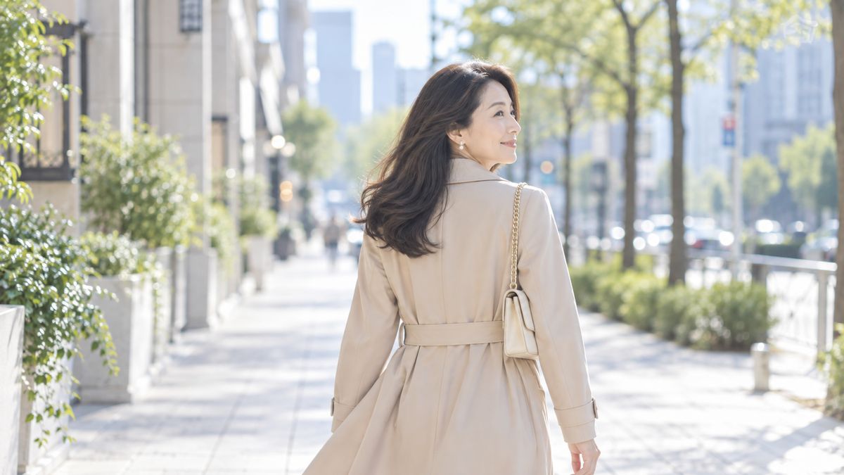 街の歩道を歩き出す女性の後ろ姿