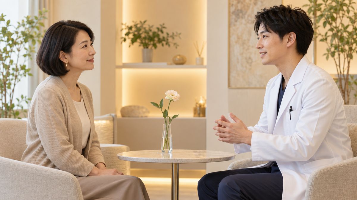 カウンセリングルームで向かい合って話す女性と男性医師
