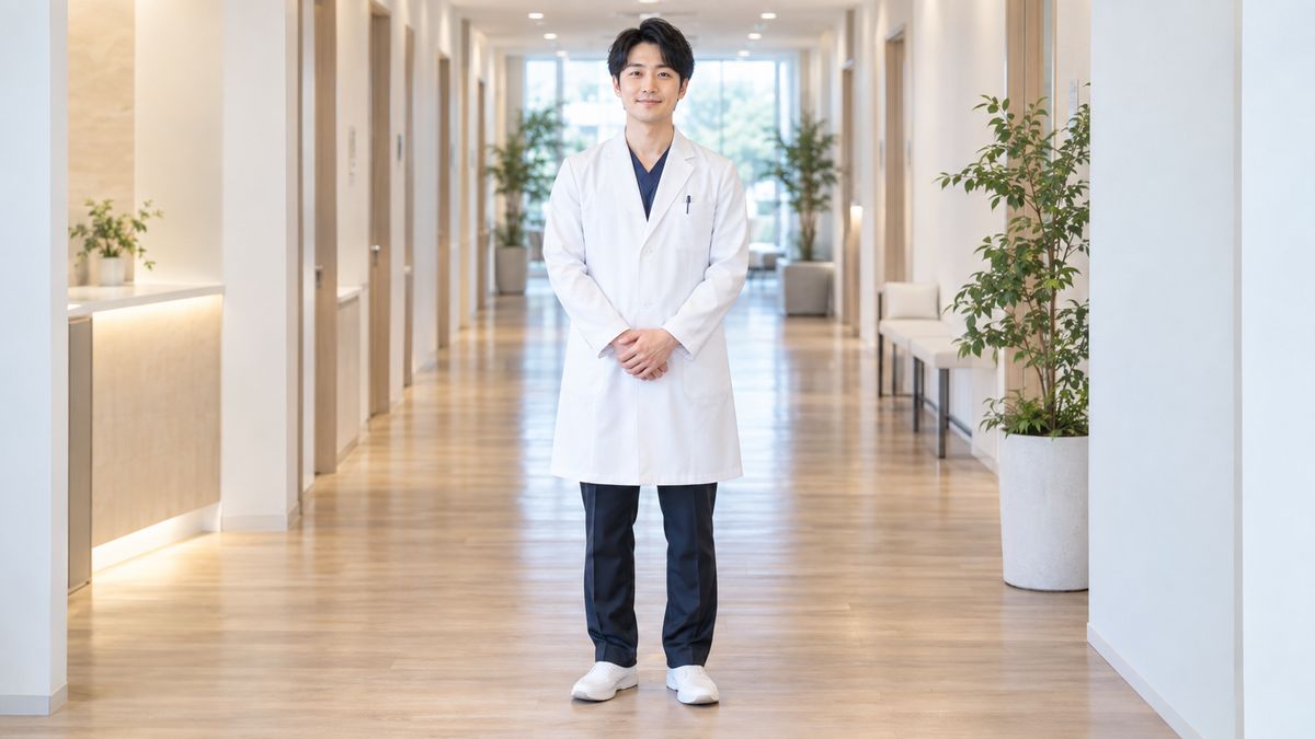 明るい廊下に立つ白衣の男性医師