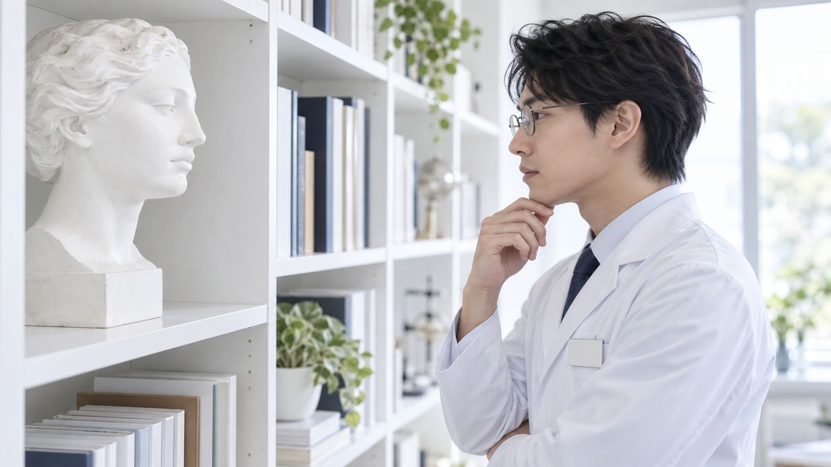 書棚の白い顔の彫像を眺める眼鏡の男性医師