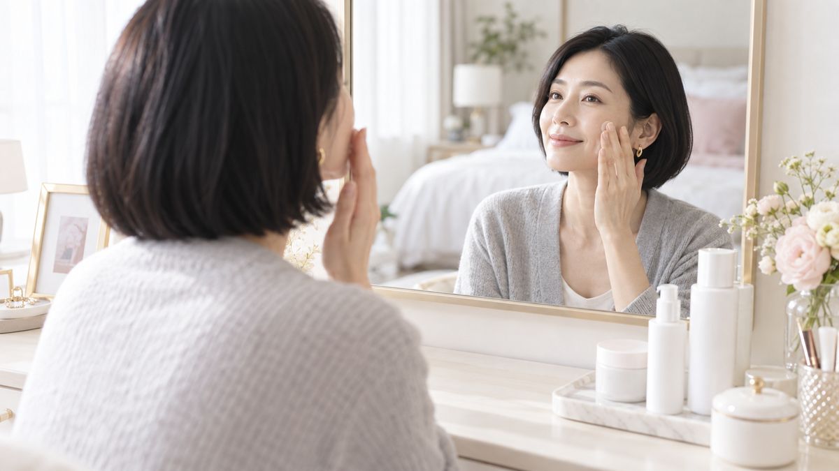 ドレッサーの前で頬にスキンケアをなじませる女性