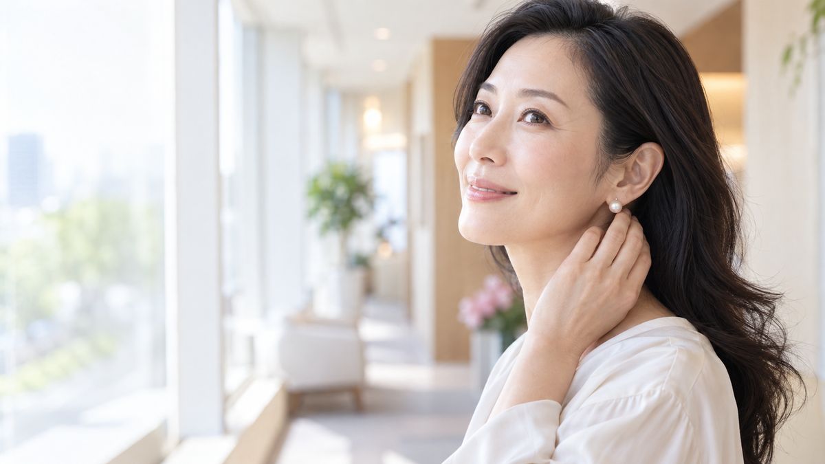 窓辺で耳元のパールのイヤリングに触れて微笑む女性