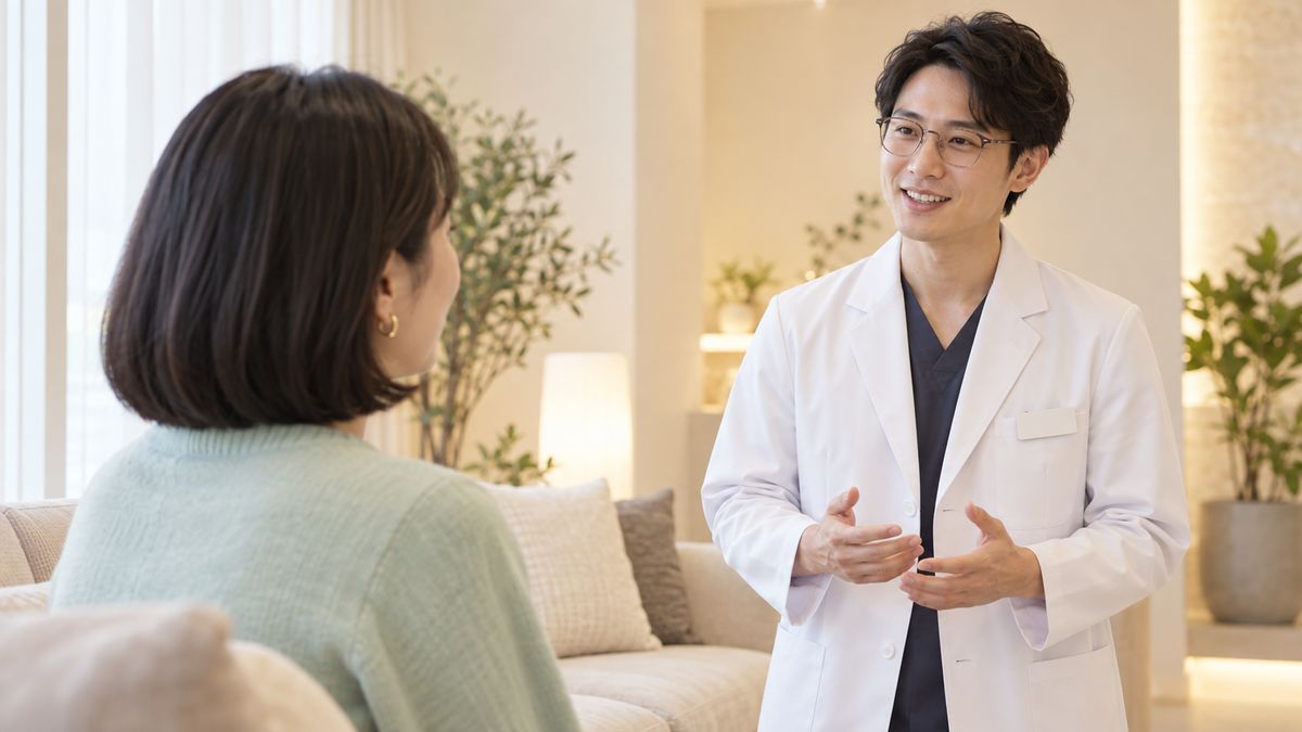 ソファに座る女性と微笑みかける眼鏡の男性医師