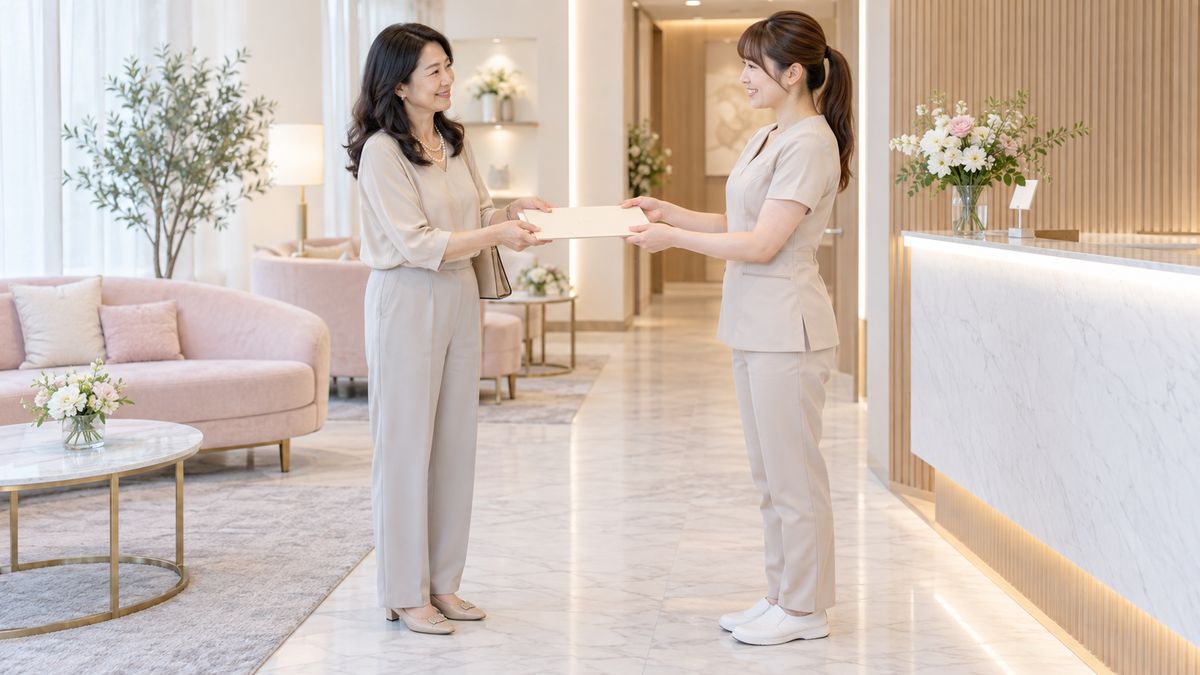 ラウンジでスタッフからファイルを受け取る女性