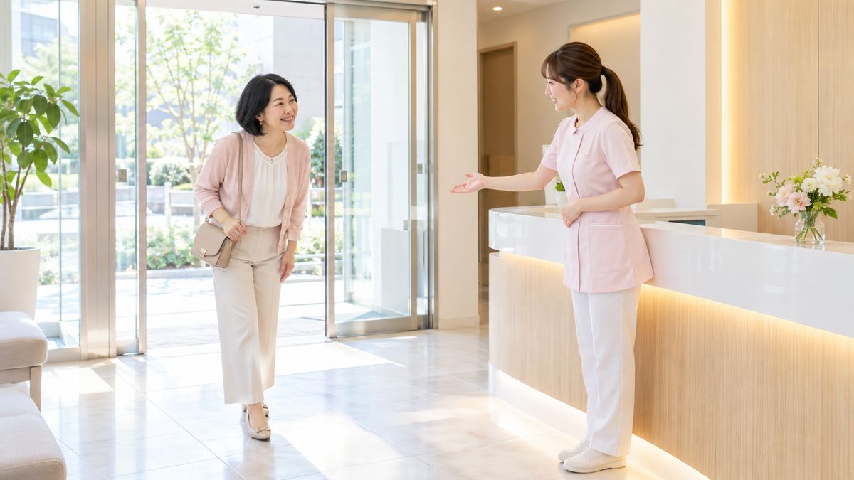クリニックの入口で受付スタッフに迎えられる女性