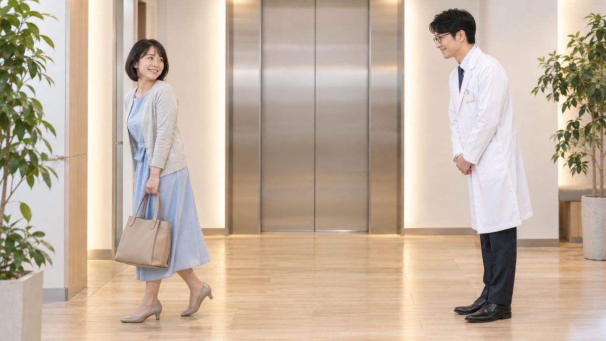 エレベーターホールで眼鏡の男性医師と会釈を交わす女性
