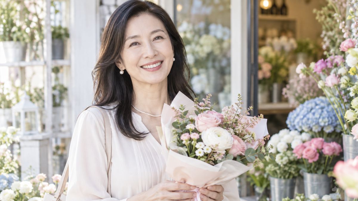 花屋の店先でブーケを受け取って笑う女性