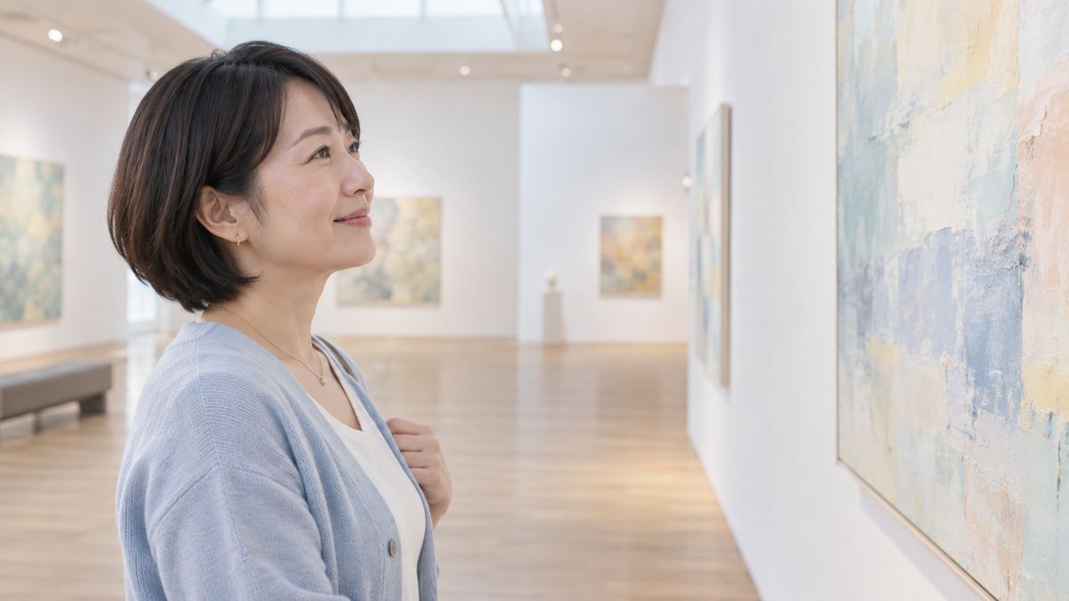 ギャラリーで絵を眺めて微笑む女性
