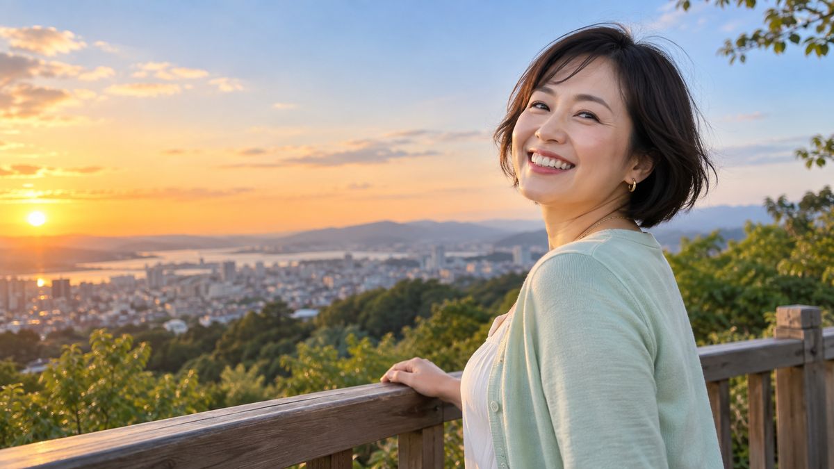 夕方の展望デッキで振り返って笑う女性