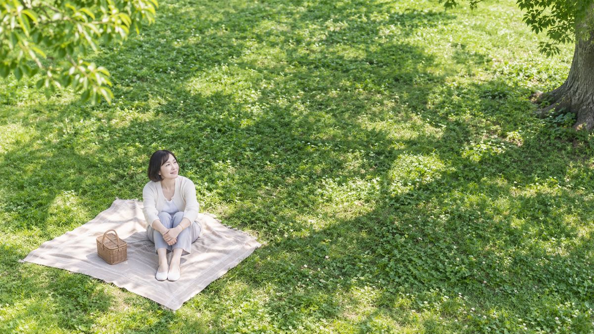 公園の芝生でシートに座り微笑む女性