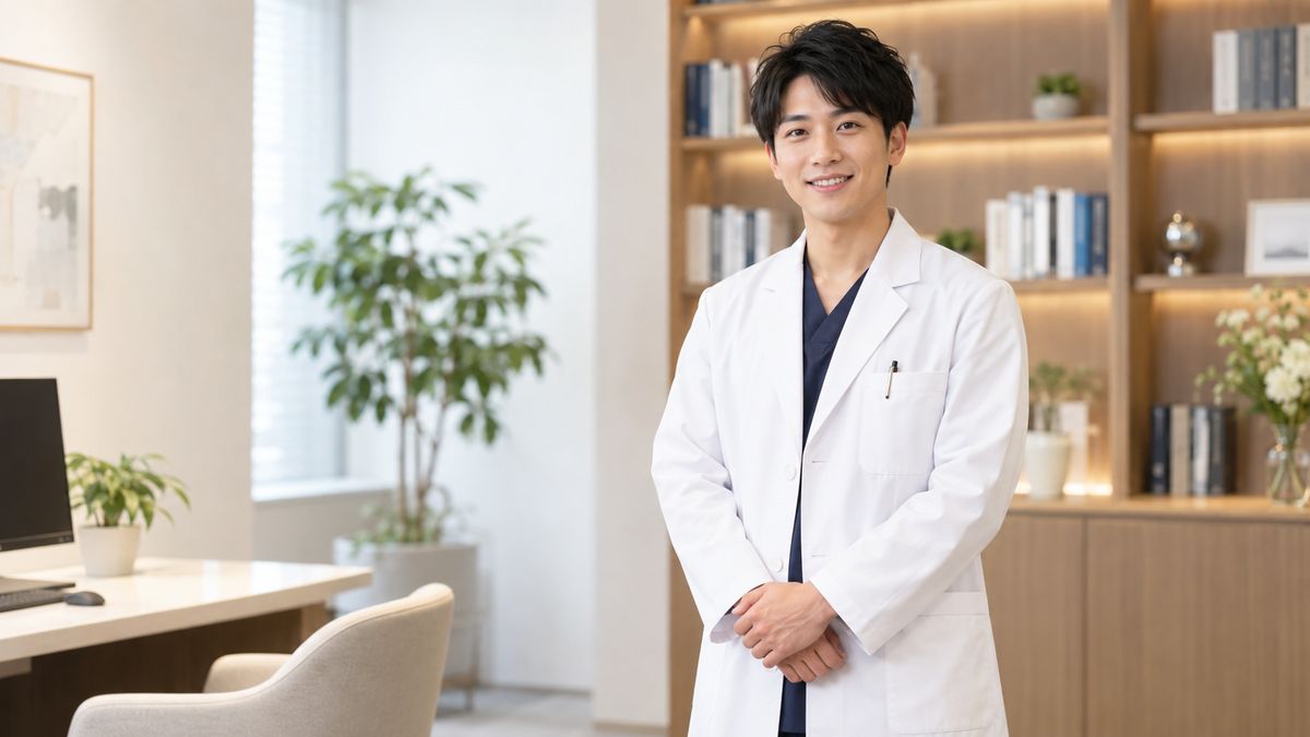 診察室の本棚の前に立つ白衣の男性医師
