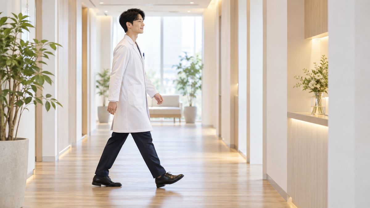 クリニックの廊下を歩く白衣の男性医師
