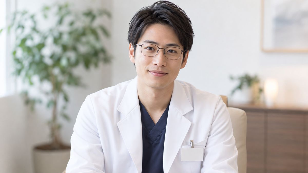 診察室の椅子に座る眼鏡の男性医師