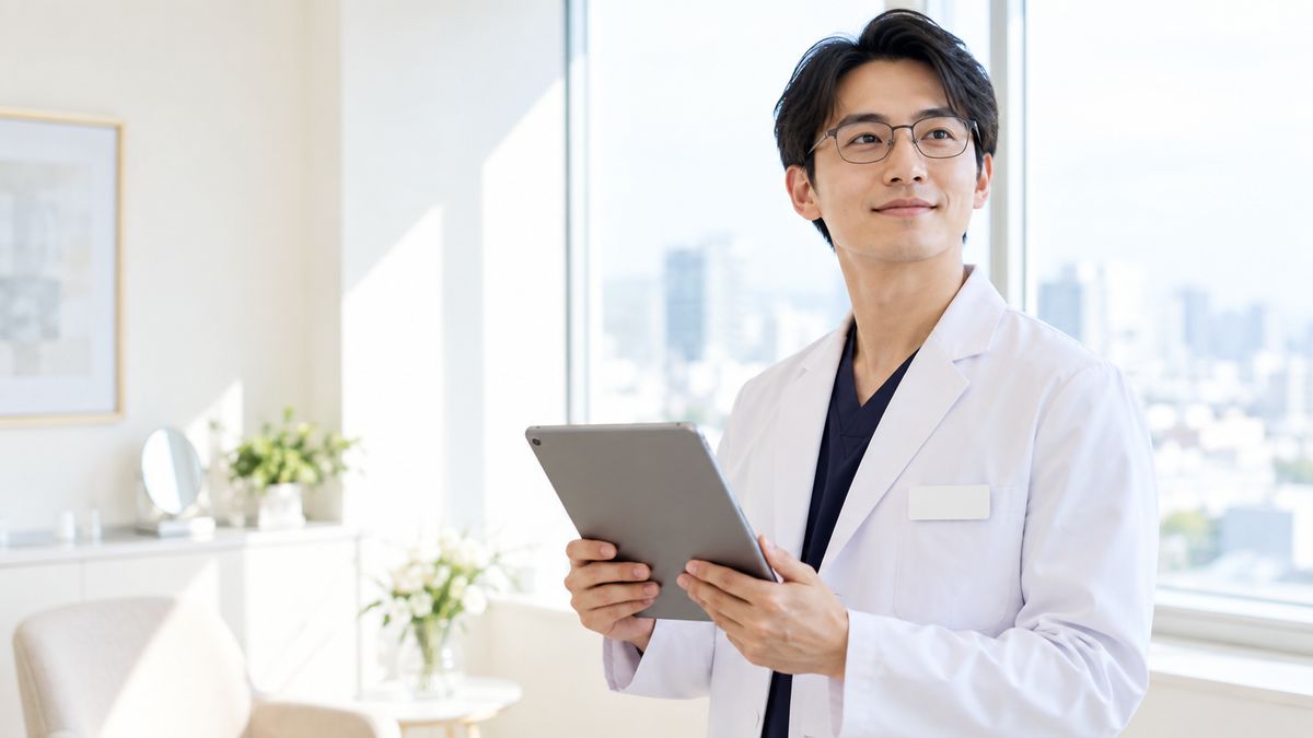 窓辺でタブレットを持つ眼鏡の男性医師