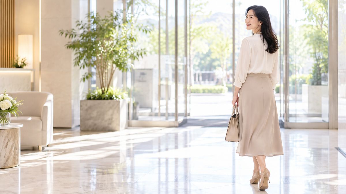 明るいエントランスに立つ女性