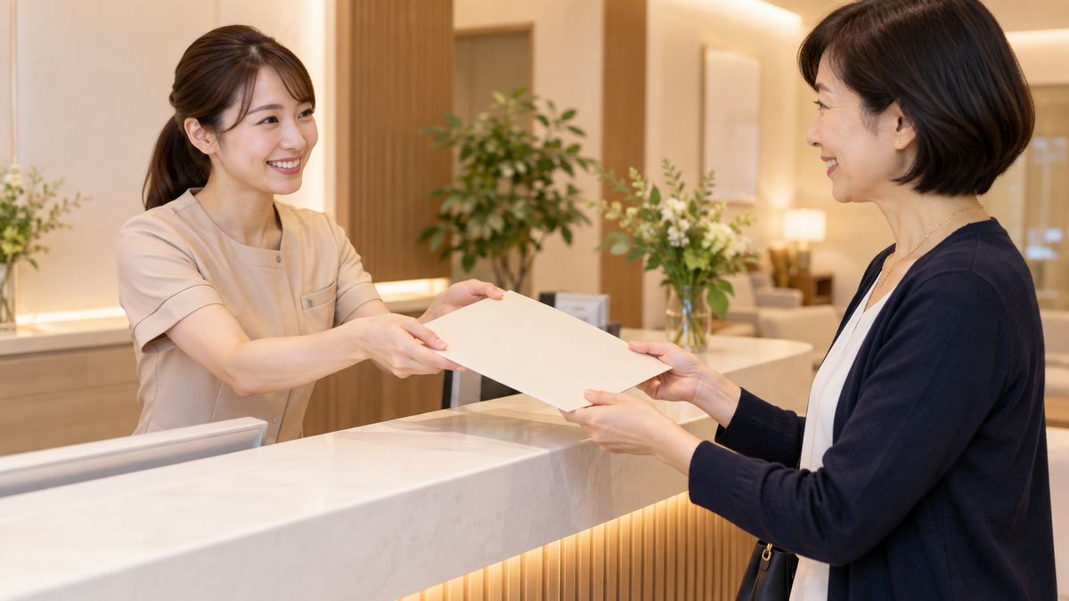 受付カウンターでファイルを渡すスタッフと女性