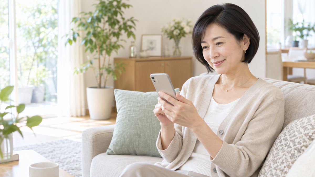 自宅のソファでスマートフォンを見る女性