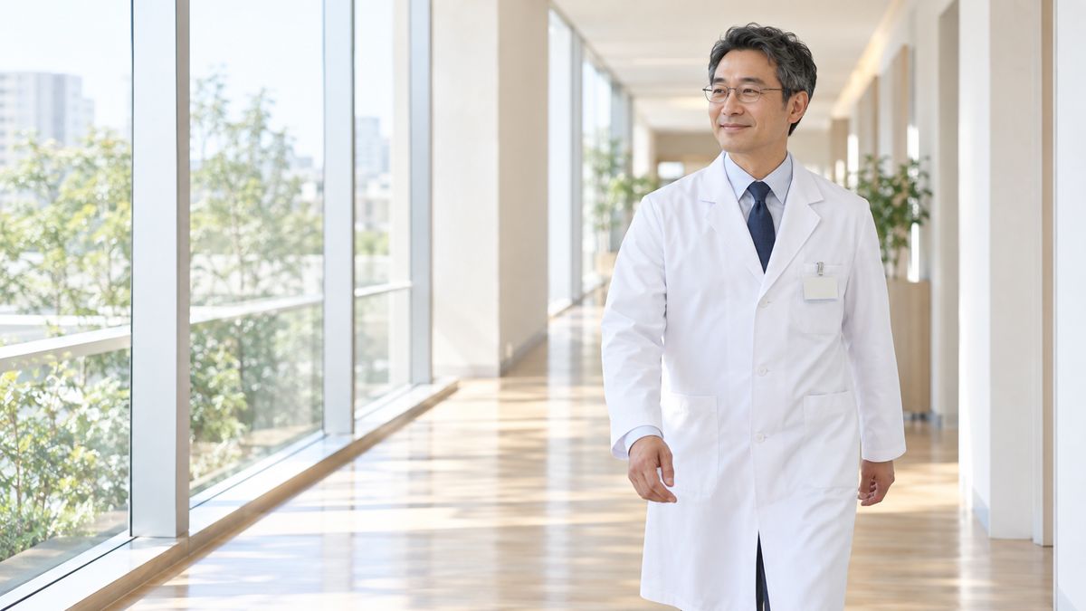 窓の並ぶ廊下を歩く眼鏡をかけた白衣姿の男性医師