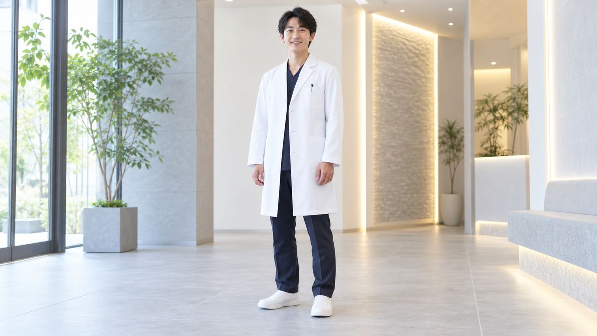 クリニックのエントランスホールに立つ白衣姿の若い男性医師