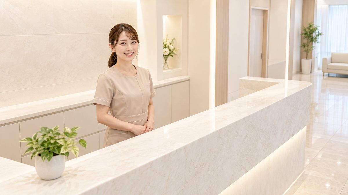 クリニックの受付カウンターの内側に立つ制服姿のスタッフ