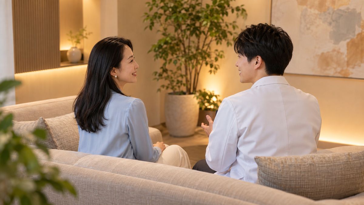 カウンセリングルームのソファに並んで座る女性と白衣の男性医師
