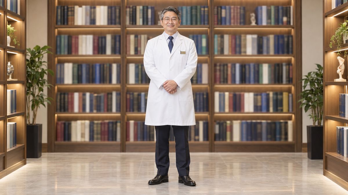 医学書の並ぶ本棚の前に立つ眼鏡をかけた白衣の男性医師