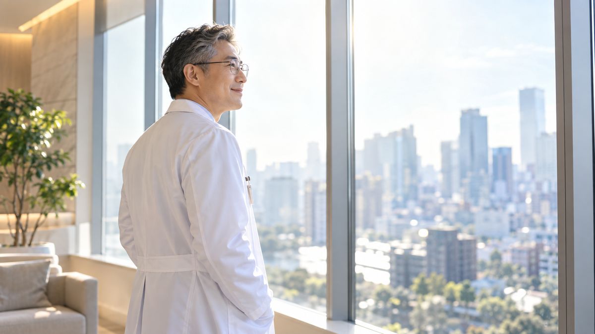 待合の大きな窓辺から外を眺める白衣の男性医師