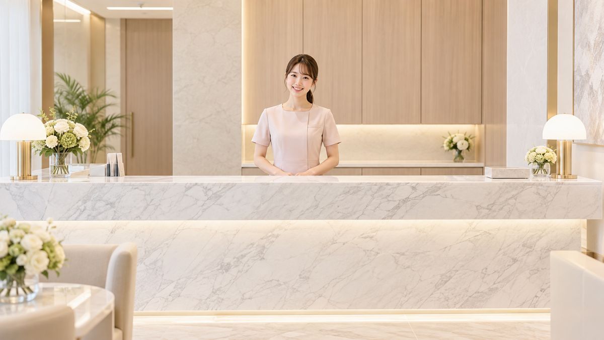 受付カウンターの内側で微笑む制服姿のスタッフ