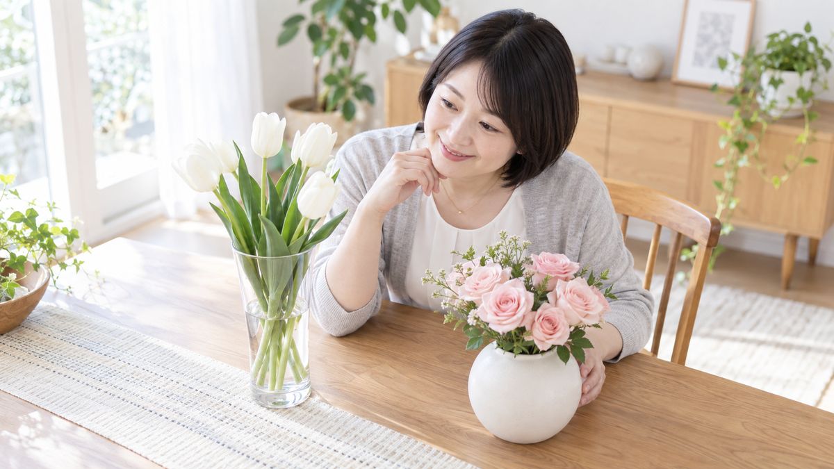 ダイニングテーブルの2つの花瓶を見比べて微笑む女性