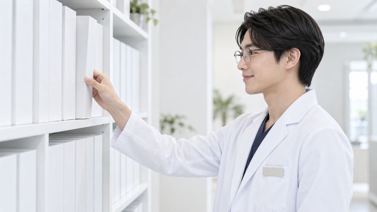 本棚のファイルを確かめる眼鏡の男性医師