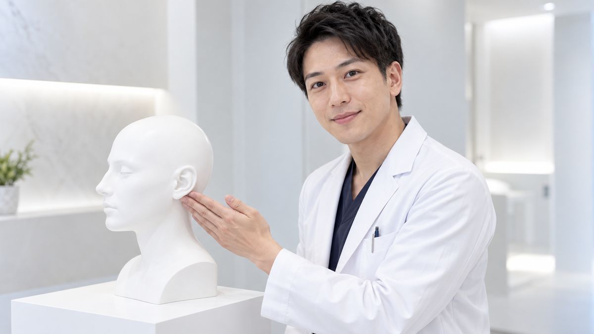 白い頭部模型の耳たぶを手で示す男性医師