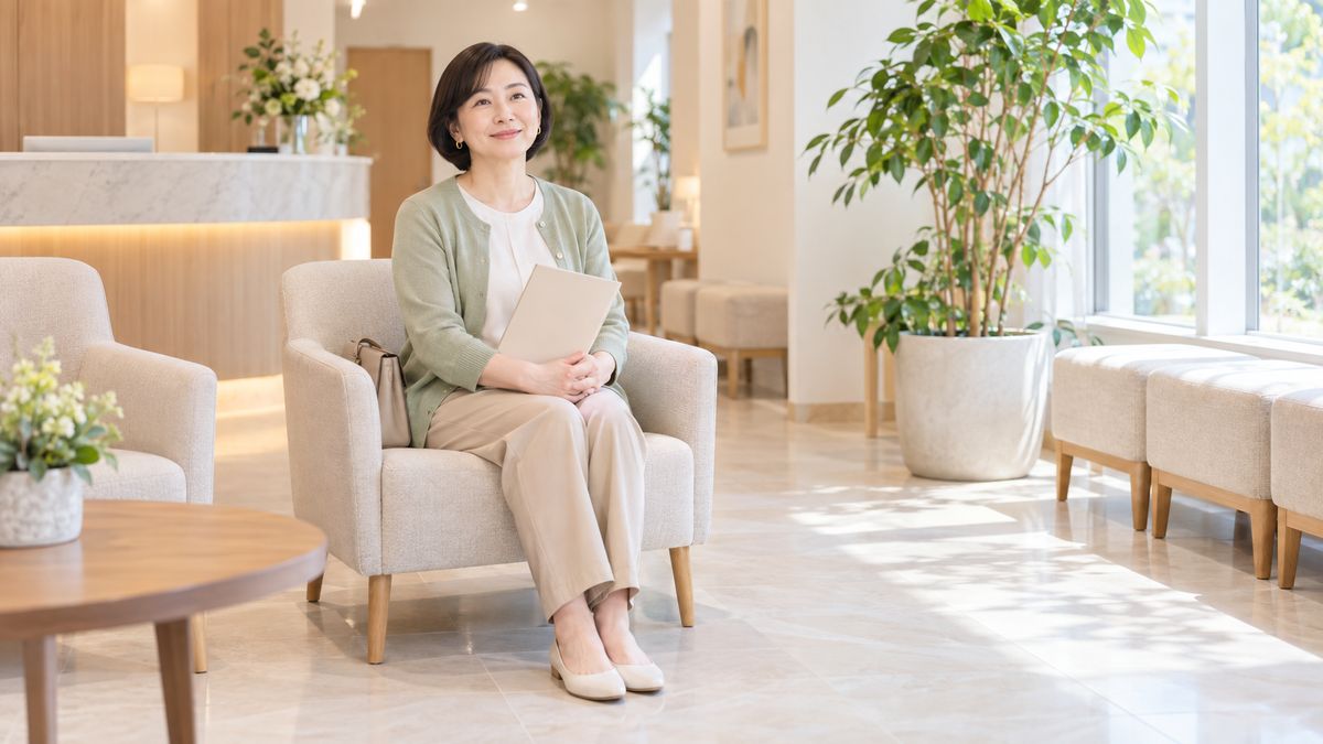 待合スペースで書類フォルダを抱えて微笑む女性