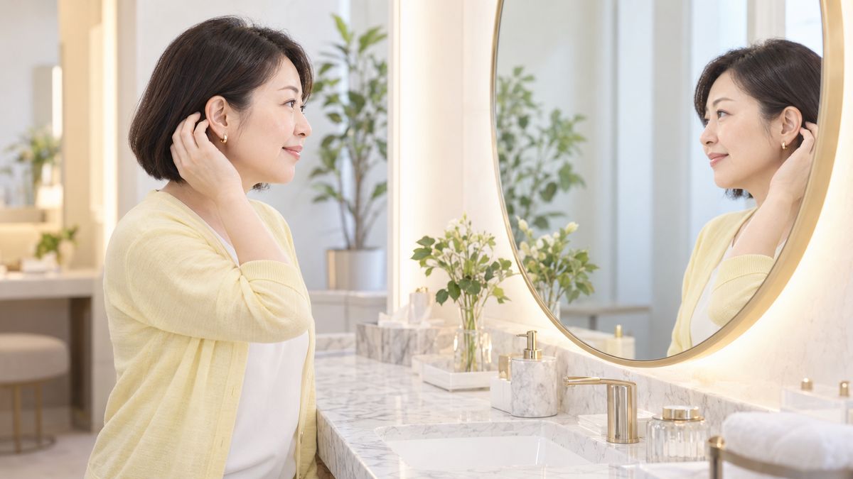 鏡の前で髪を耳にかけて耳元を確かめる女性