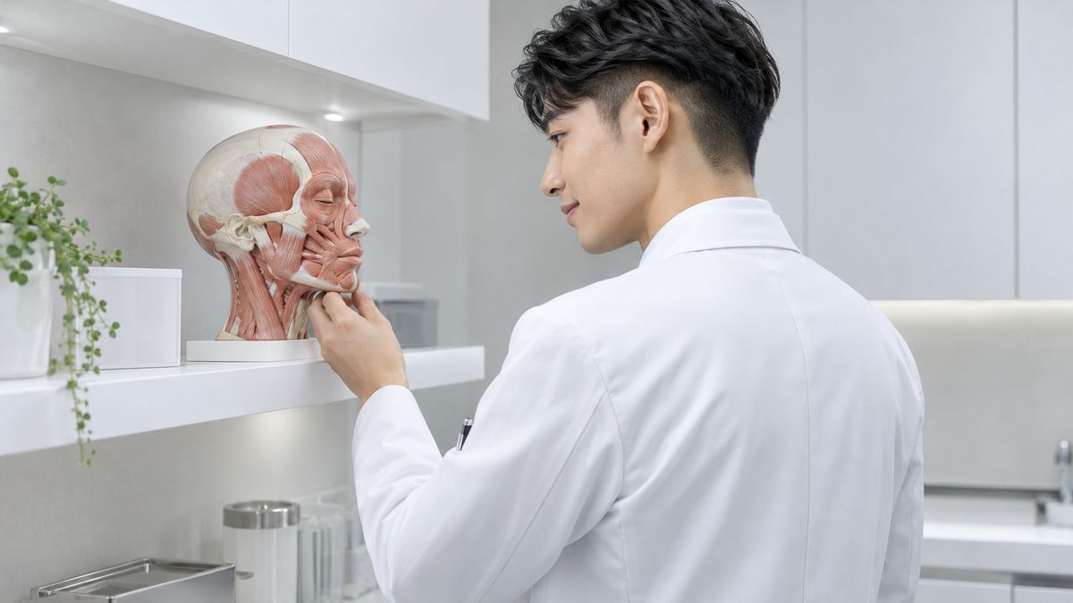 診察室の棚にある顔の筋肉の模型を眺める白衣の男性医師