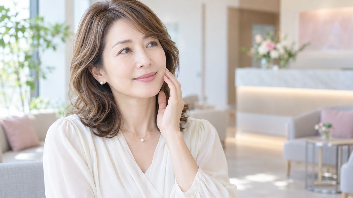 待合で頬骨の下からフェイスラインに指先を添えて微笑む女性