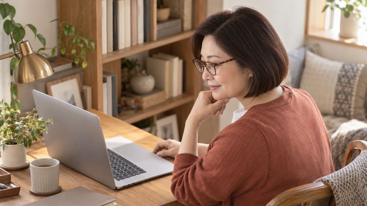 自宅の書斎でノートパソコンを見ながら考える眼鏡の女性