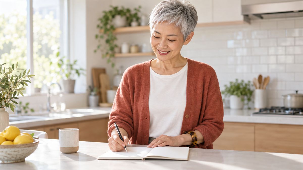 キッチンカウンターでノートに書き込みながら微笑む女性