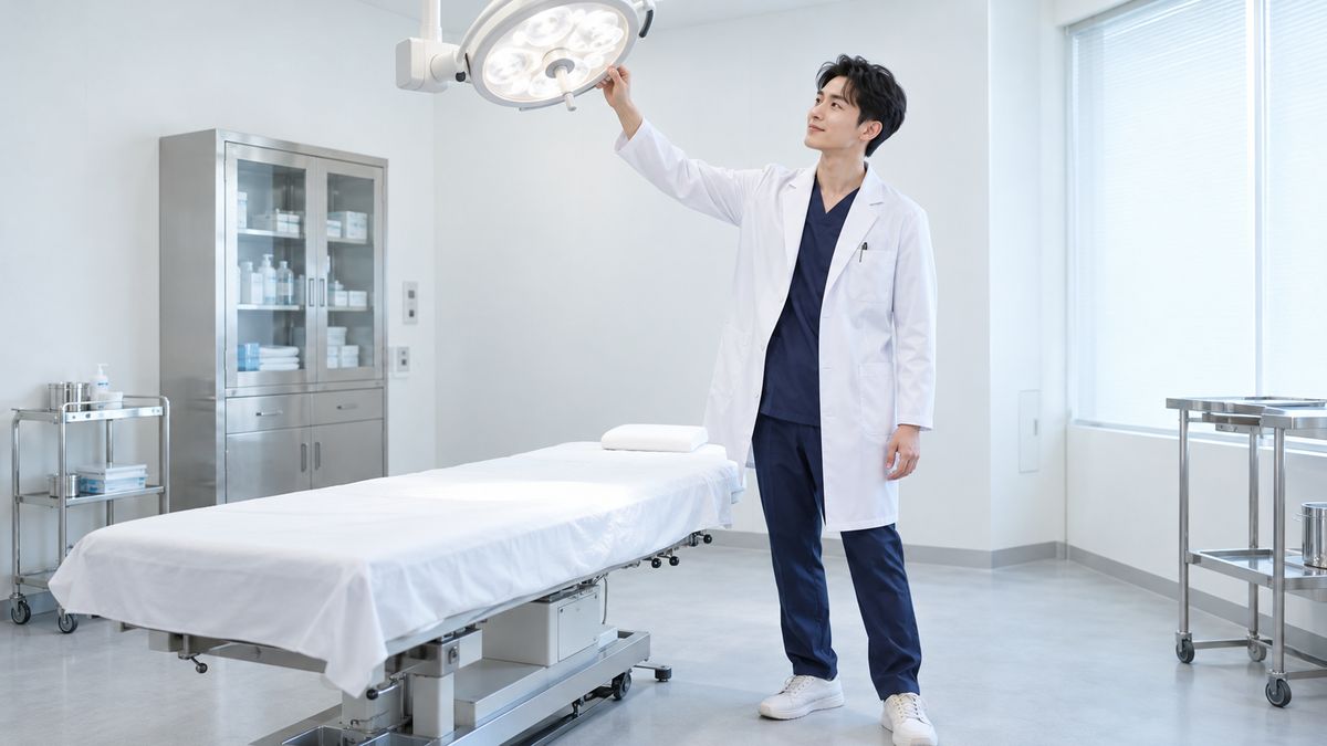 診察室で無影灯の角度を整える白衣の男性医師