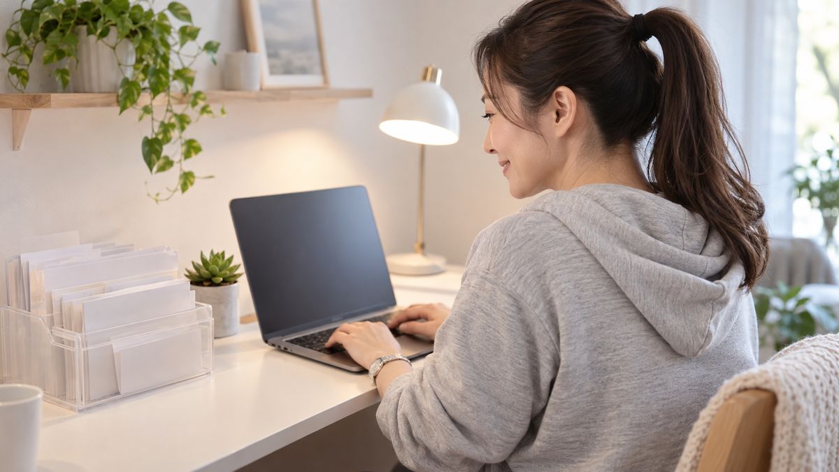 領収書のファイルボックスの横でノートパソコンに入力する女性