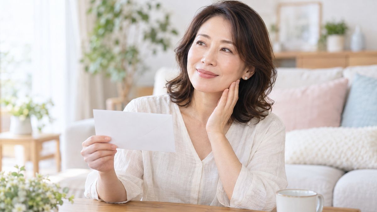 リビングで白い封筒を持ちフェイスラインに指先を添えて微笑む女性