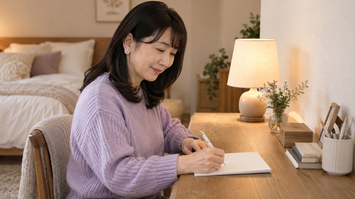 寝室のデスクでメモ帳に書き出しながら微笑む女性