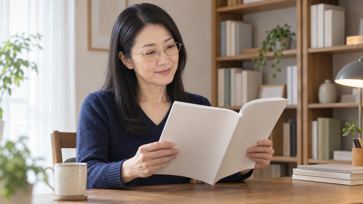 書斎の机で冊子を開いて読み、うなずく眼鏡の女性