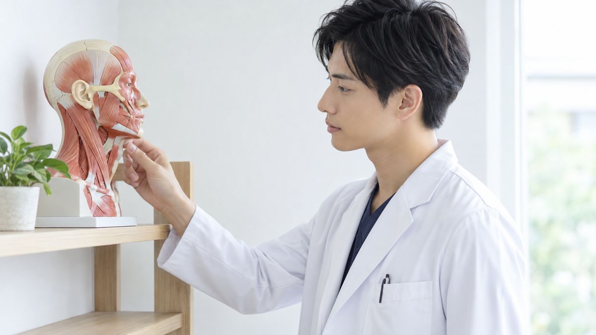 頭部と首の筋肉の模型を眺める白衣の男性医師