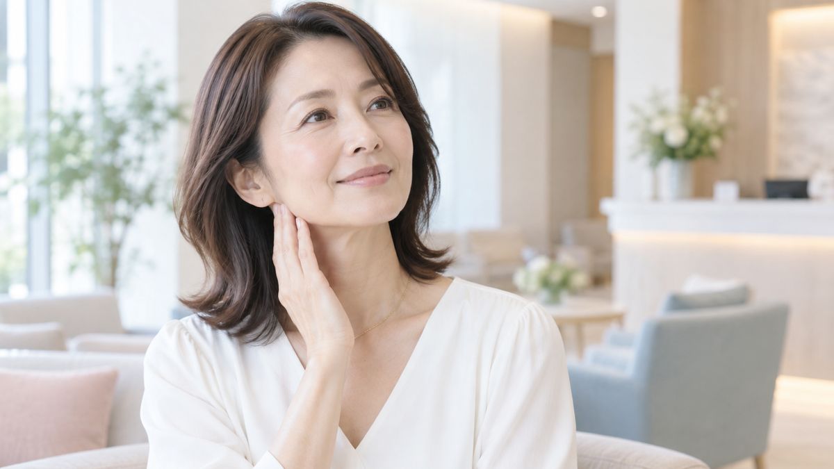 待合で指先をあごから首元に添えて微笑む女性