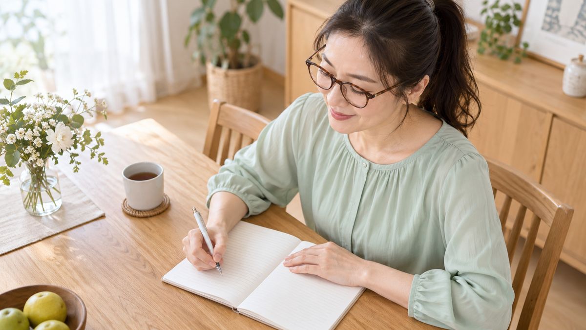 ダイニングテーブルでノートに書き出す眼鏡の女性